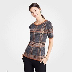 Ann Taylor Plaid Short Sleeve Sweater